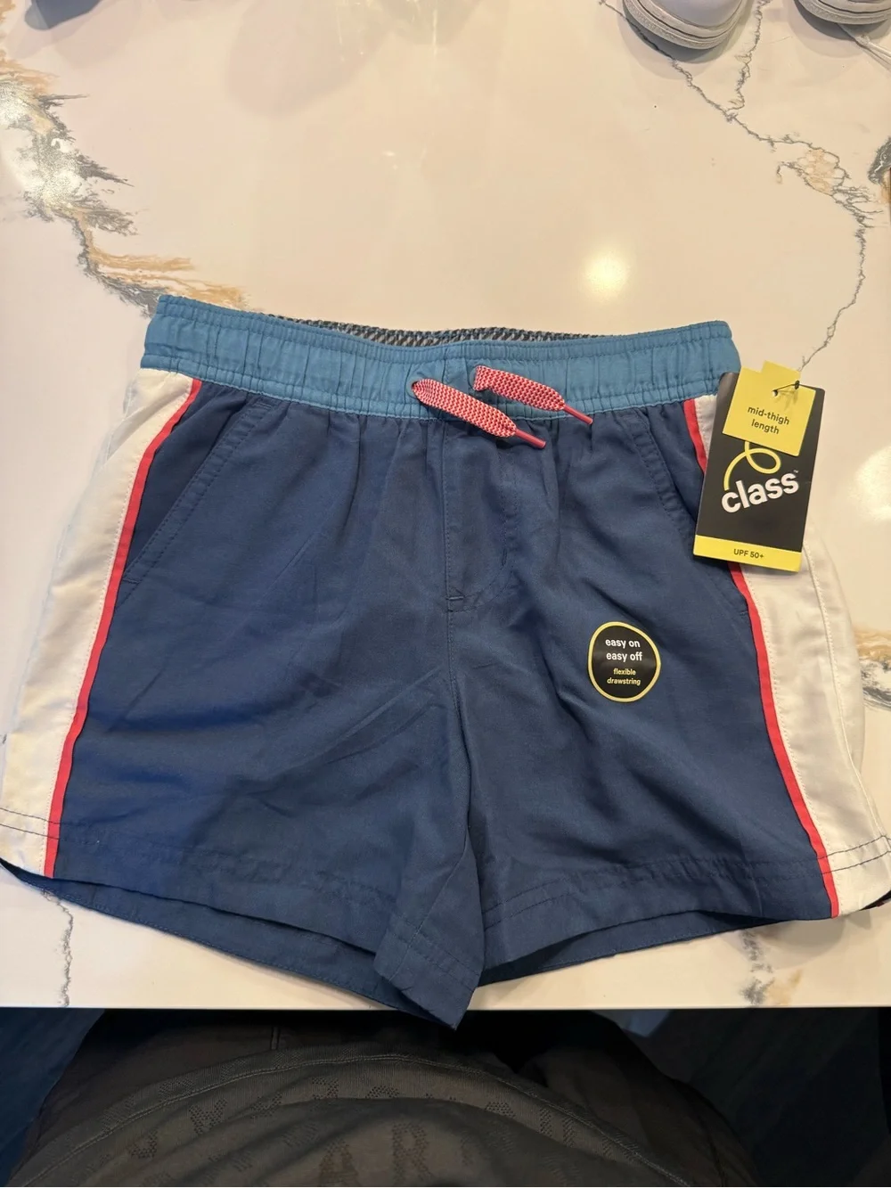 art class Navy Swim Trunks with Light Blue Waistband and Pink Drawcord